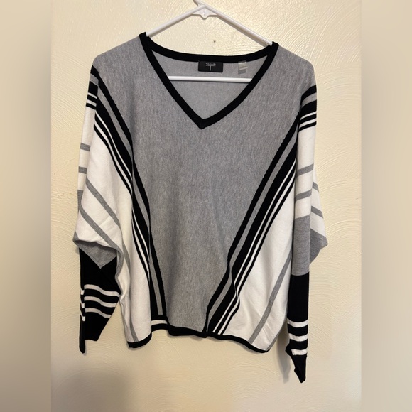 Tahari V-Neck Sweater with Geometric Stripes - Gray, Black, White - Picture 2 of 9